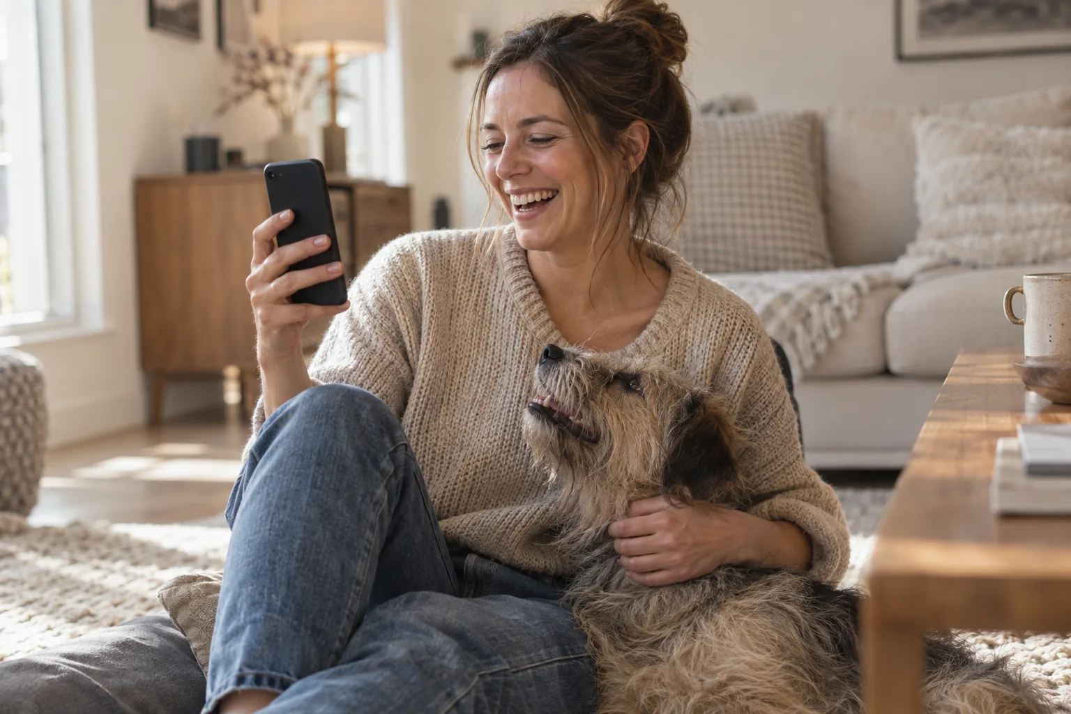 A woman laughing at her phone with her dog in her lap